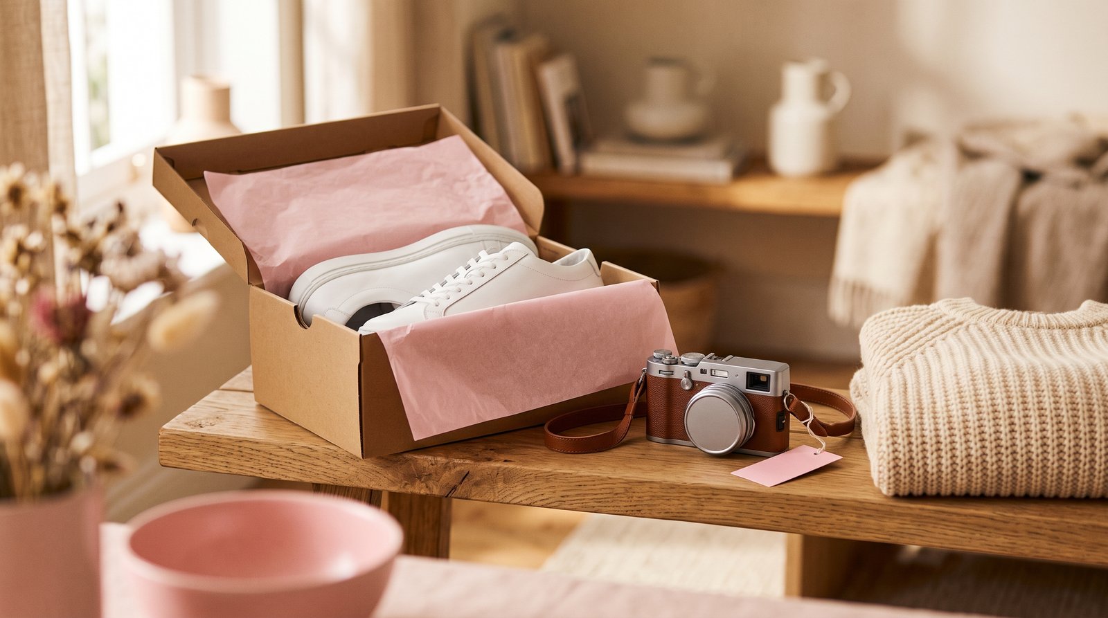 Stilleben på en hylde i dagslys: en bluetooth-højttaler, et par ubrugte hvide sneakers og et kamera stillet pænt på plads.