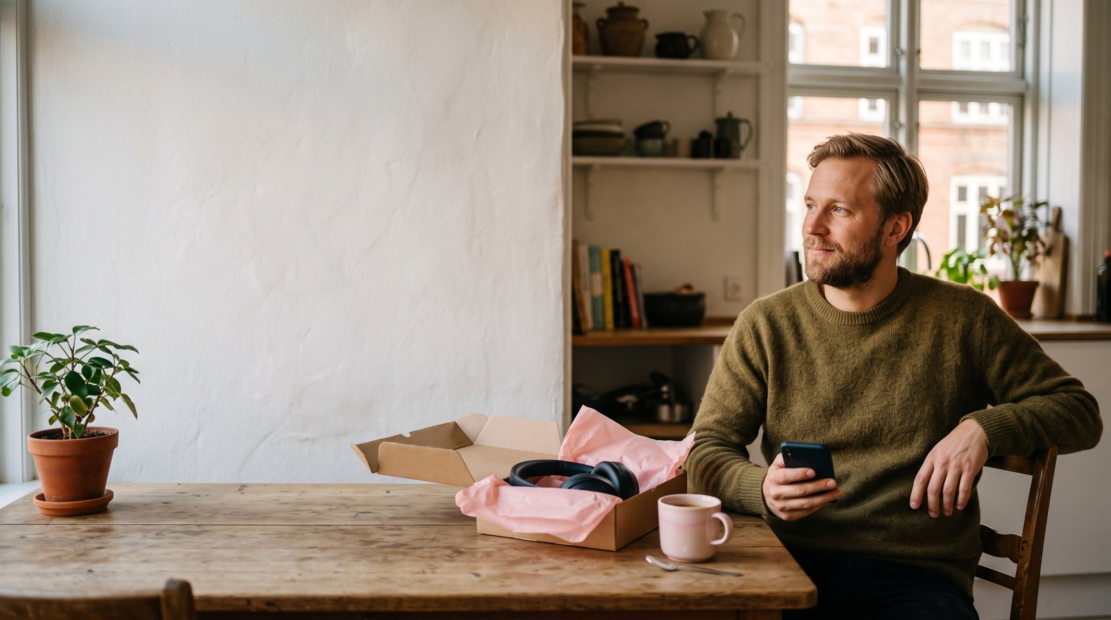 Ung mand sidder afslappet ved køkkenbordet med en netop åbnet pakke og telefonen i hånden.