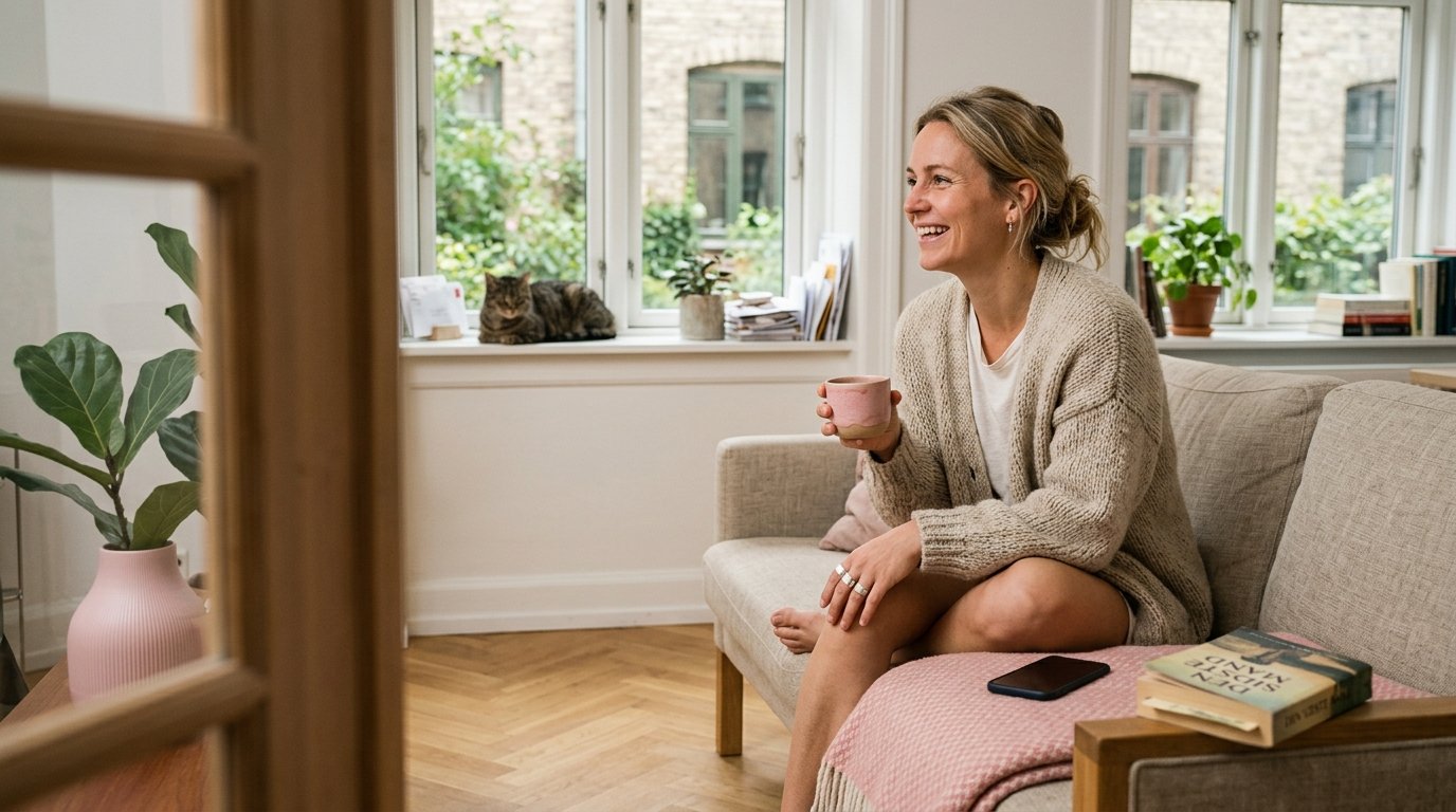 Ung kvinde sidder afslappet i sofaen med en kop kaffe og griner, katten i vindueskarmen.