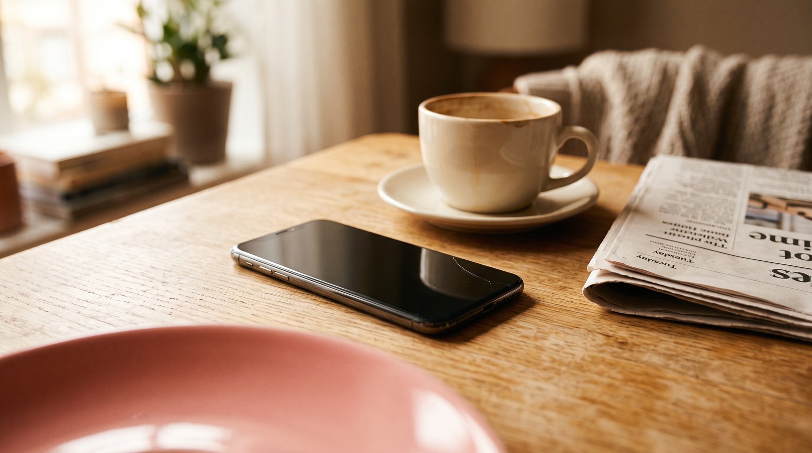 Stilleben i morgenlys: en telefon ligger fladt på et træbord med en hårfin revne i skærmens hjørne, ved siden af en kop kaffe, en foldet avis og en lyserød keramikskål i forgrunden.