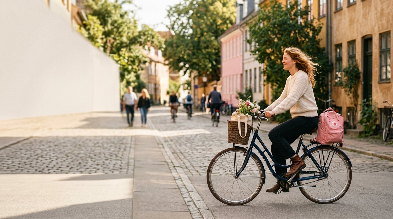 Ung kvinde cykler frit gennem en solbeskinnet københavnsk gade med blomster i kurven og en pink rygsæk.
