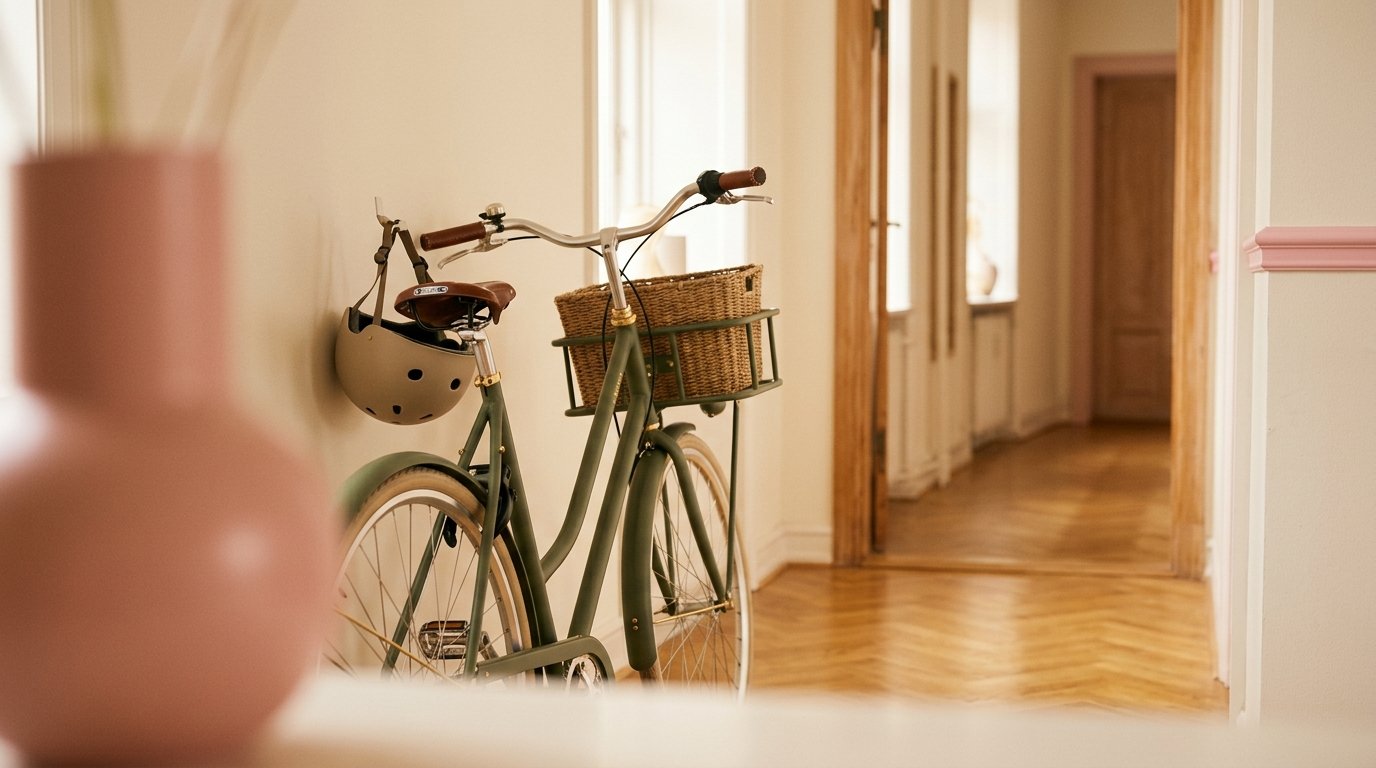 Fin bycykel parkeret indenfor i en lys entré, med en hjelm hængende på styret og et par cykeltasker ved siden af.