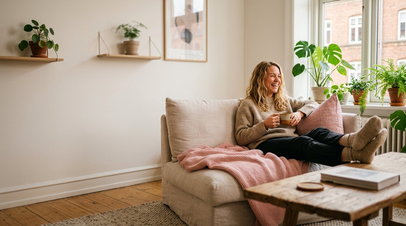 Ung kvinde ligger afslappet i sin lyse sofa med fødderne oppe og en kop i hånden, i et hjem fuldt af planter.