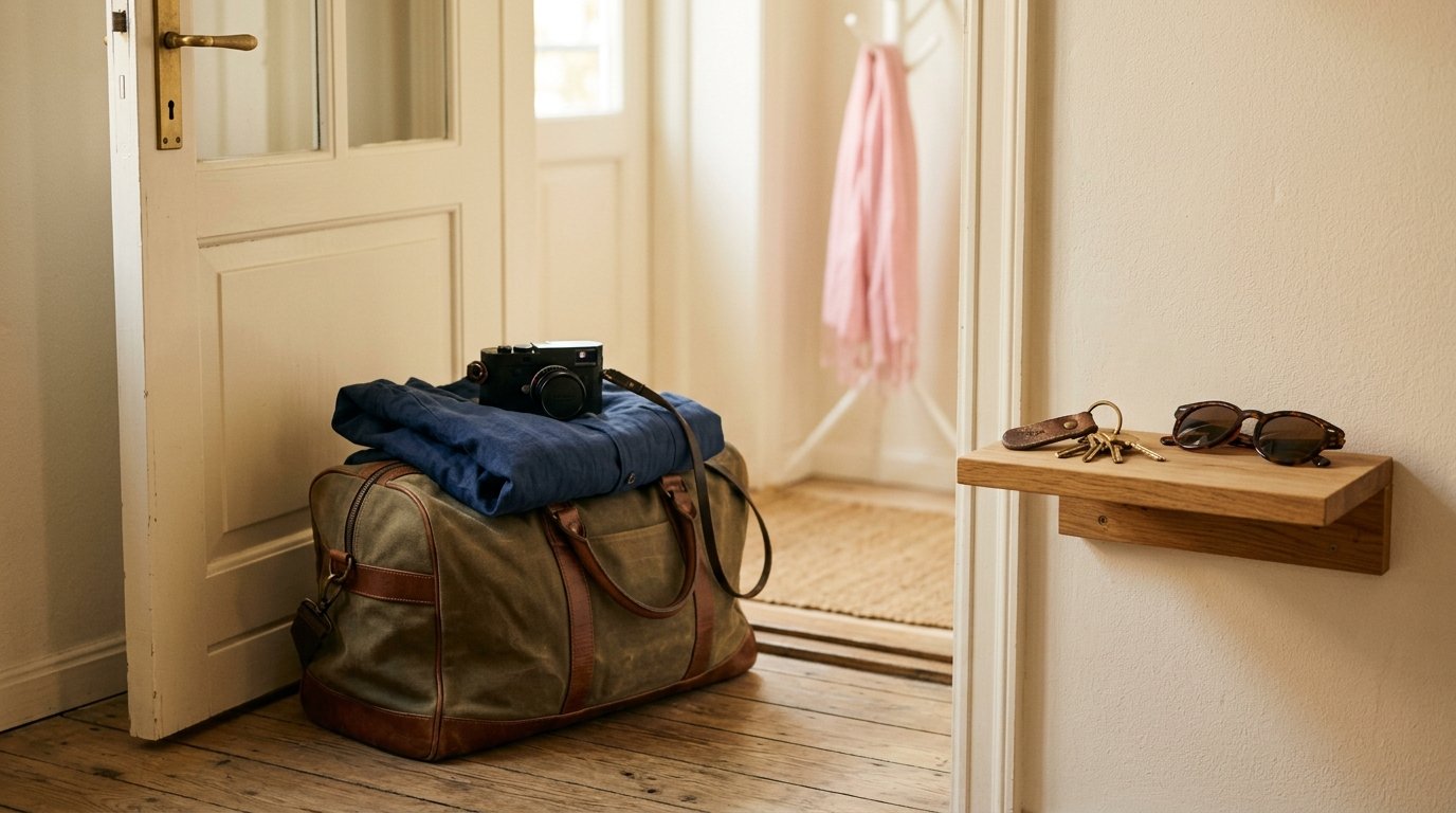 Et pakket weekendtaske ved en entrédør i morgenlys, med et kamera og en foldet jakke ovenpå; nøgler og solbriller ligger klar på hylden ved siden af.