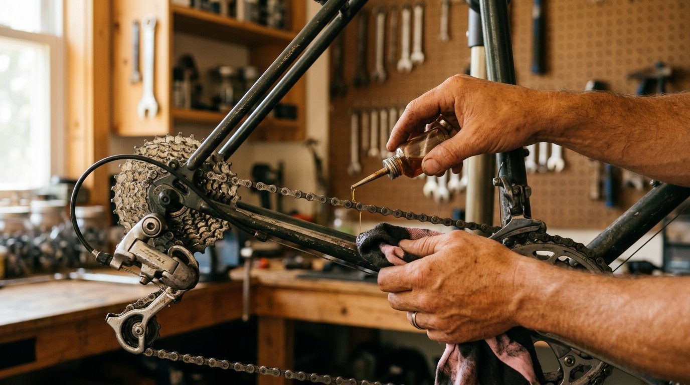Hænder smører en kæde på en velbrugt cykel i værkstedslys; delene er slidte, men rene og i orden.
