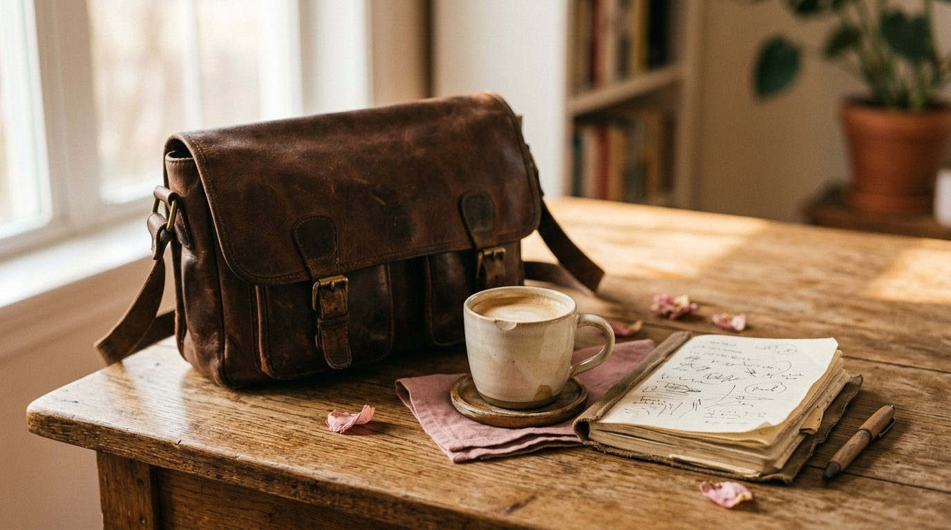 Et arbejdsbord i morgenlys med en slidt lædertaske, en kaffekop med et lille skår og en velbrugt notesbog.