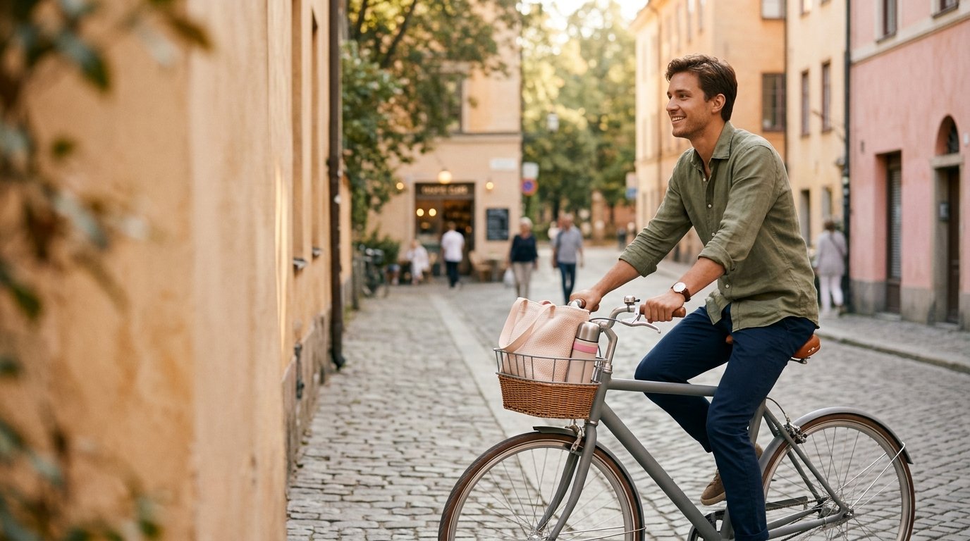 Ung mand cykler afslappet gennem byen på en helt ny cykel i morgenlys, uden at tænke over den.
