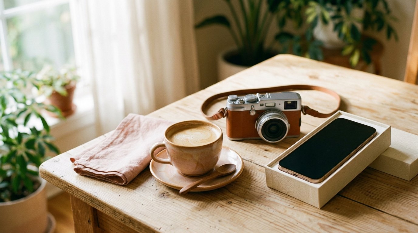 En ny telefon og et kamera på et lyst bord, delvist stadig i emballage, ved siden af en kop kaffe i blødt morgenlys.