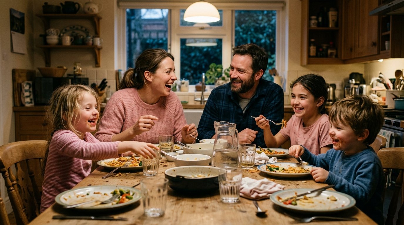 En familie omkring et køkkenbord i aftenlys, børn og voksne midt i et almindeligt måltid med rod, grin og brugte ting overalt.
