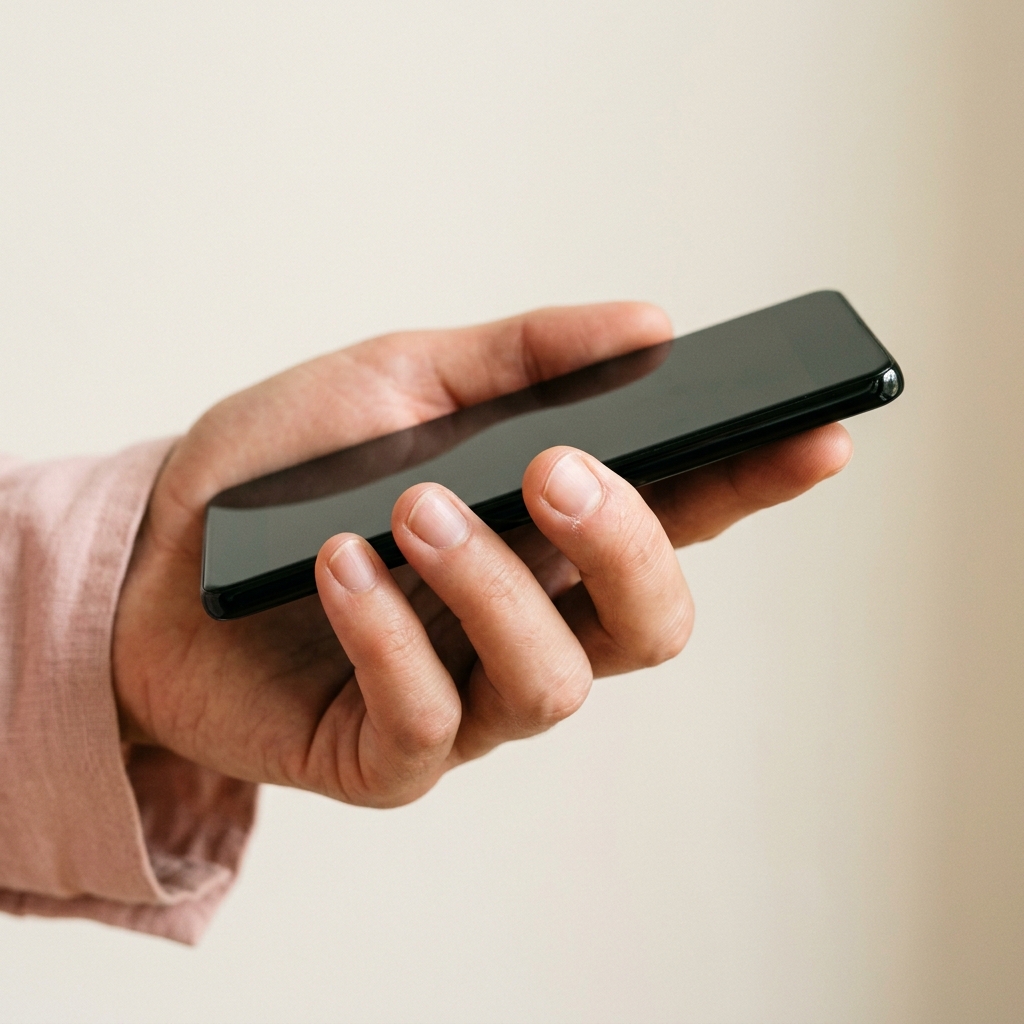 Nærbillede af en hånd, hvor en telefon er ved at glide ud mellem fingrene i det øjeblik, blikket er vendt væk.