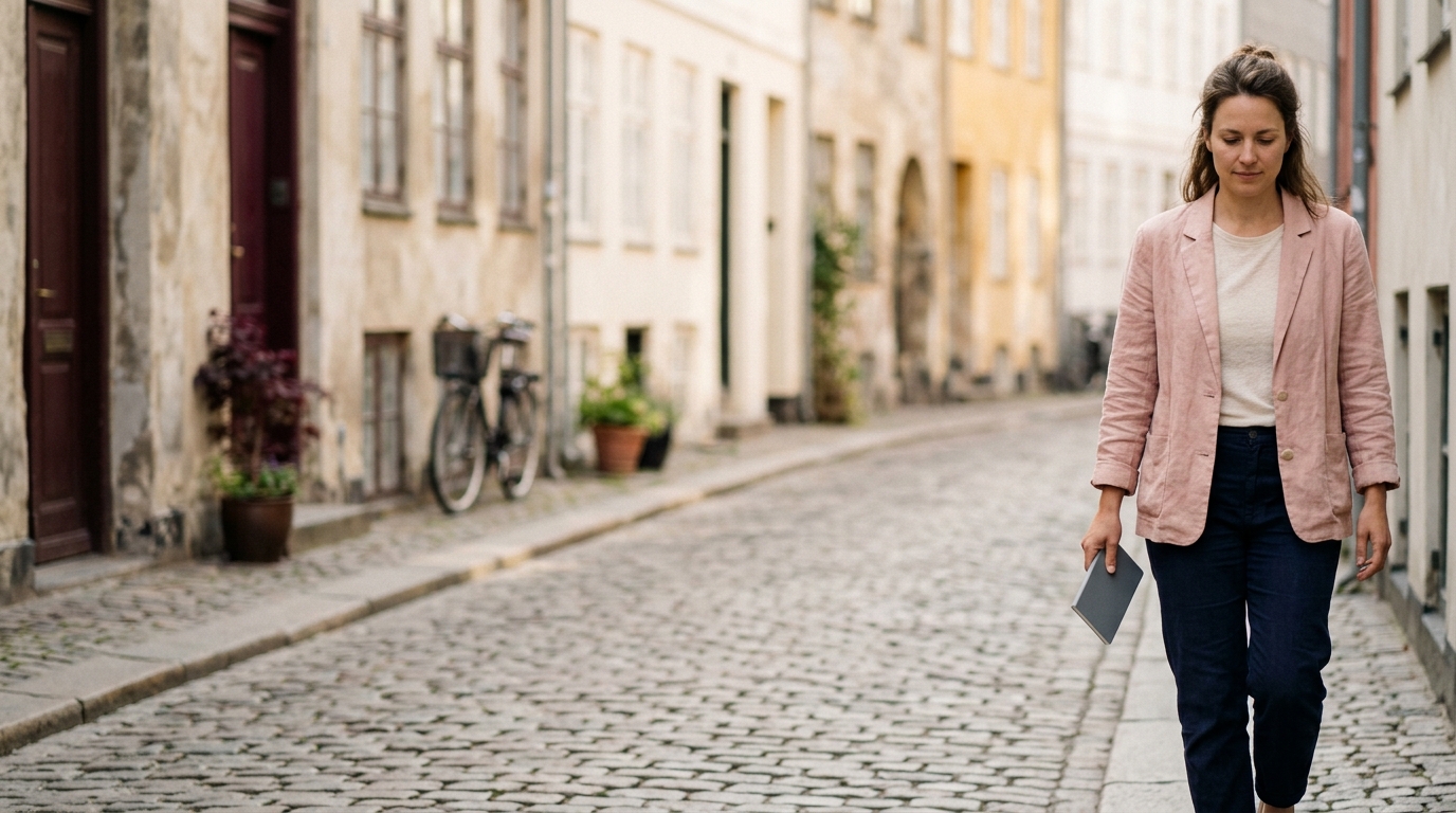 En person går på et fortov mens de taler i telefon, blikket rettet fremad og indad, uopmærksom på verden lige omkring hænderne.