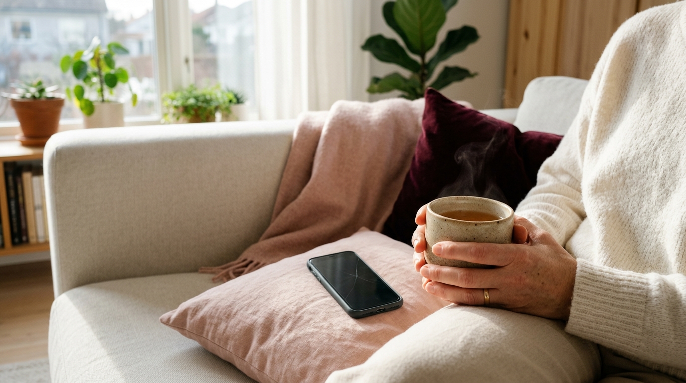 En person bruger sin telefon afslappet, uden at bekymre sig om den lille revne i hjørnet.