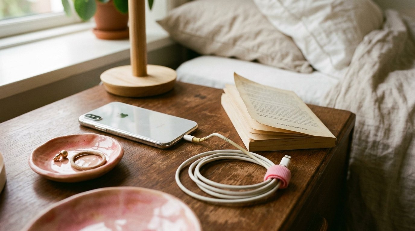 Natbord i morgenlys: en telefon uden etui ligger med skærmen nedad ved siden af en oplader med et træt knæk ved stikket, en rosa keramikskål og en opslået paperback.