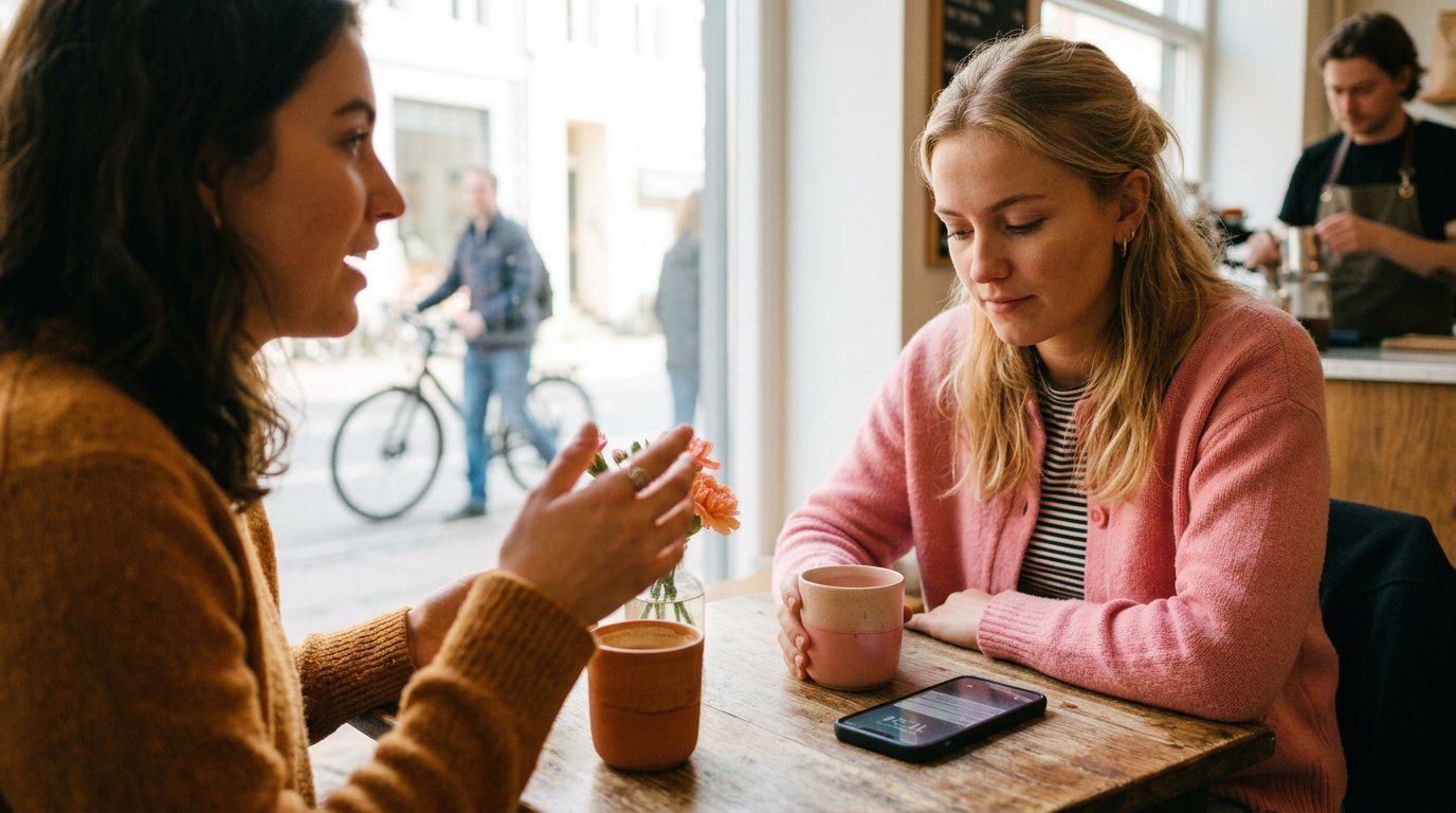 To veninder ved et cafébord: den ene taler og gestikulerer, mens den andens blik glider ned mod telefonen, der ligger med skærmen opad på bordet ved siden af kaffen.